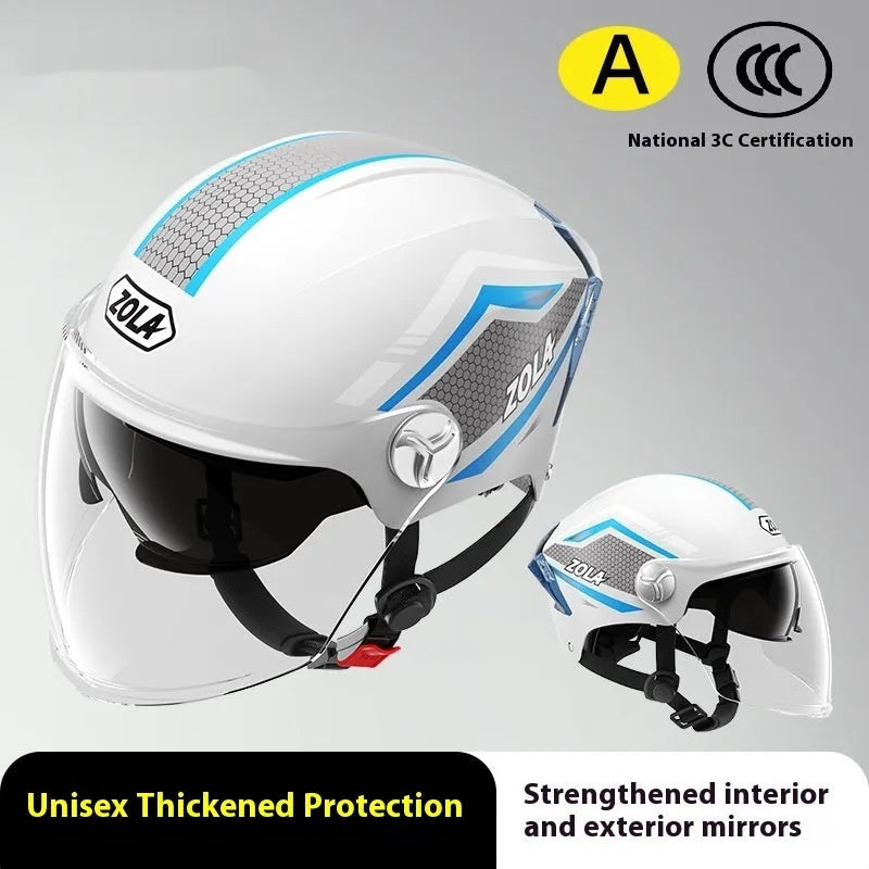 3C certified motorcycle half helmet showing integrated sun visor and dual anti-fog mirrors on a swivel mount.