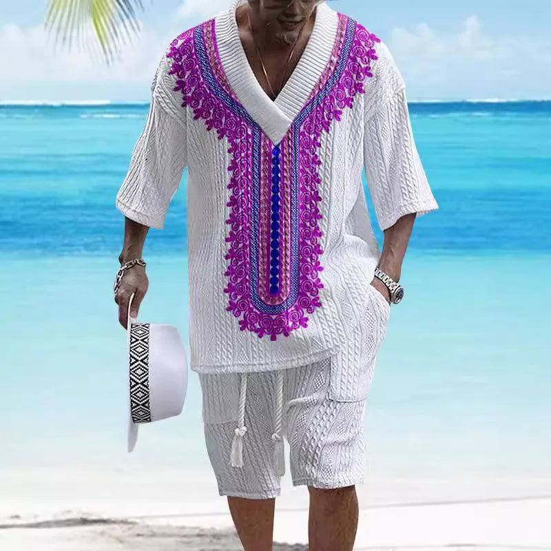 Men's knitted drop-shoulder short-sleeve top and matching shorts suit set on a mannequin.