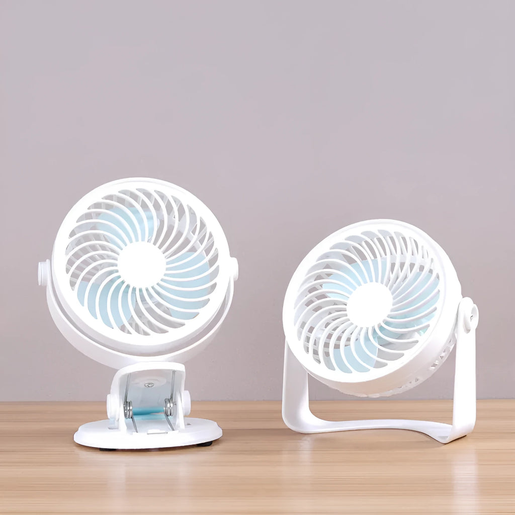 Small white USB desktop fan shown as a clip-on model and a floor-standing model on a wooden desk.