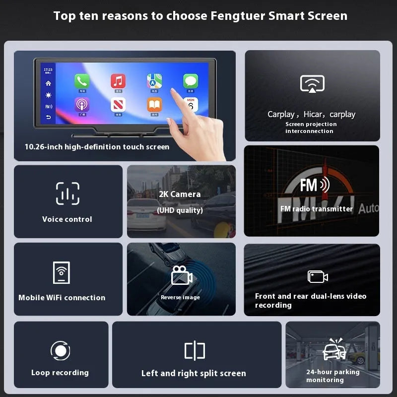 10-inch car touchscreen display showing Apple CarPlay navigation map and live rear camera view for parking.