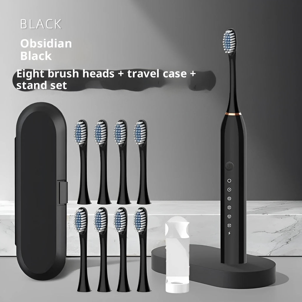 Rechargeable soft-bristle electric toothbrush with magnetic motor, USB charging, sterilization, and 8 brush heads in travel box