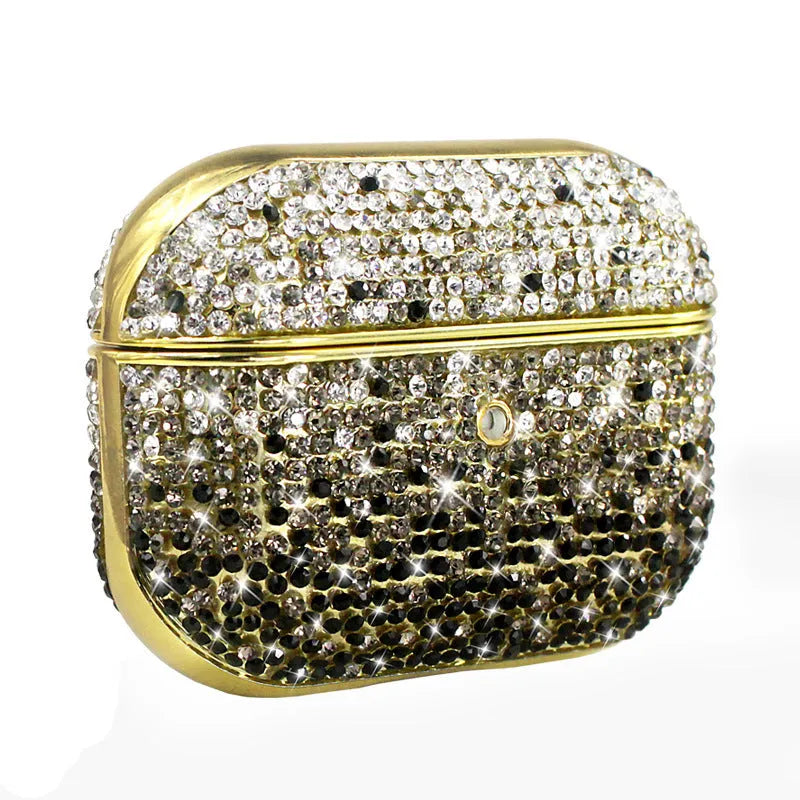 Black PC plastic flip-style earphone cover with rhinestone decoration for Airpods