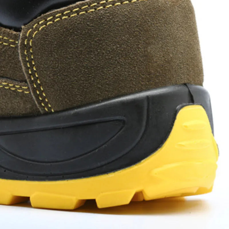 Bronze coloured cow suede leather safety shoes with a steel toe cap and low-cut design.