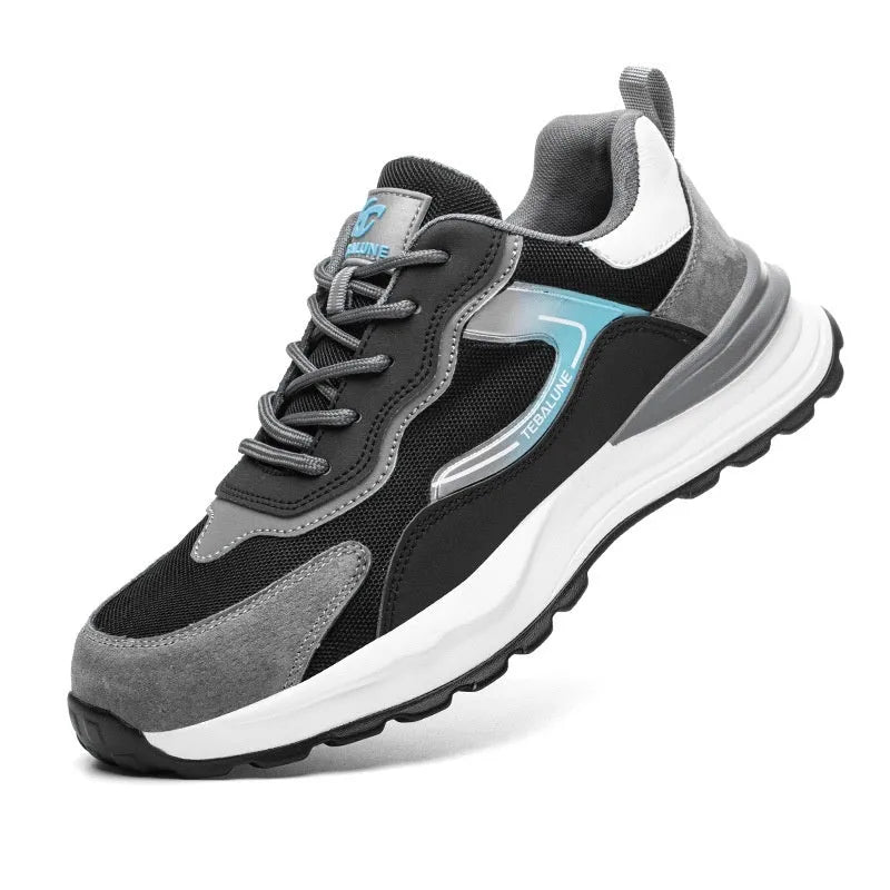 Men's black steel toe work shoes with breathable mesh panels and lace-up front