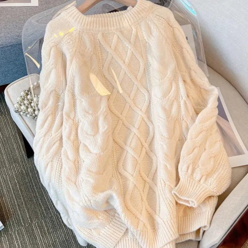 Women's Japanese loose casual knitted sweater in solid beige colour, relaxed fit