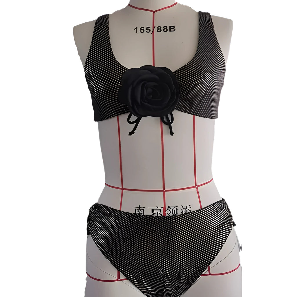 Black women's triangle swimsuit with high-waisted briefs in polyester fabric