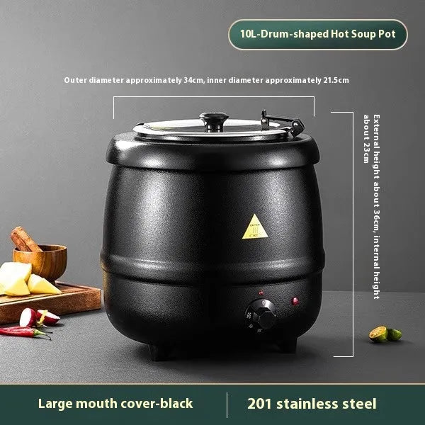 Black 10-litre stainless steel insulation pot with a large mouth and steel cover, shown with an adapter plug.