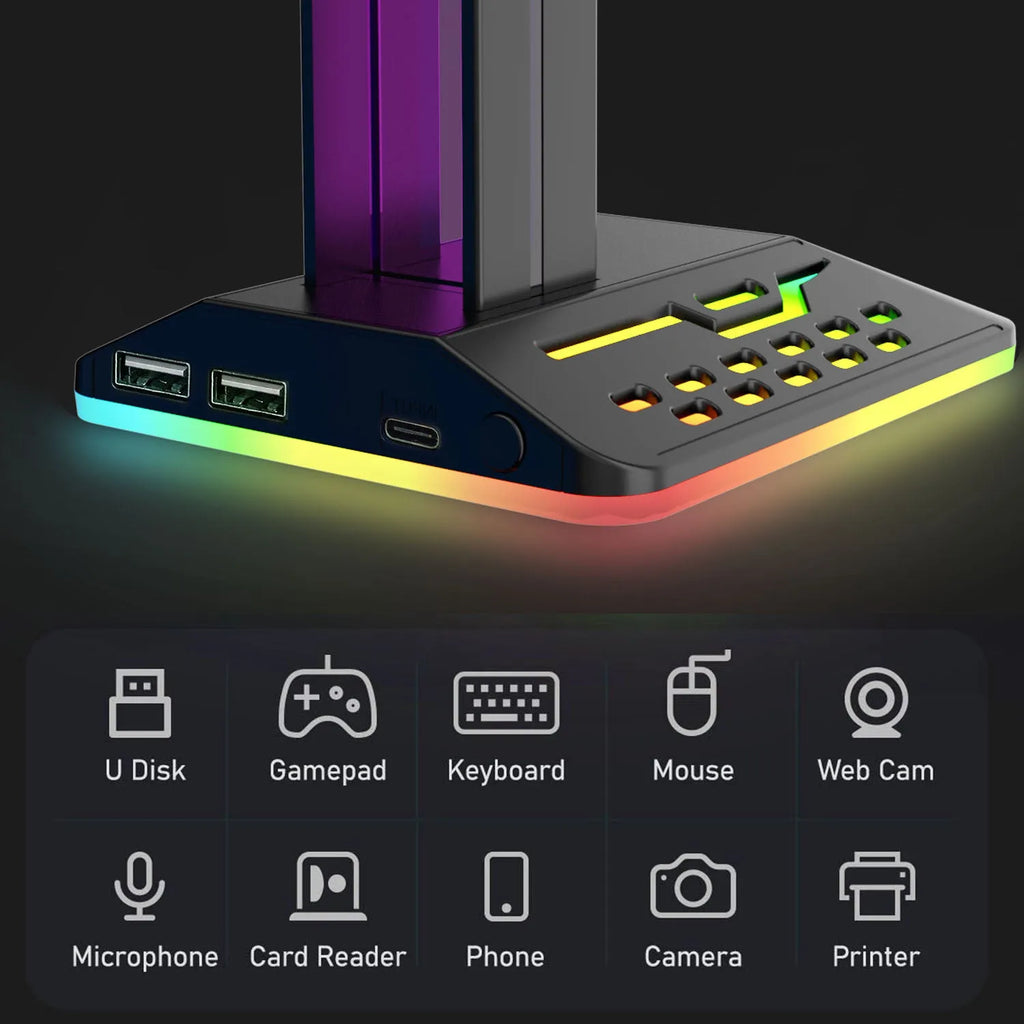 RGB illuminated headphone display stand with dual USB ports in acrylic black finish