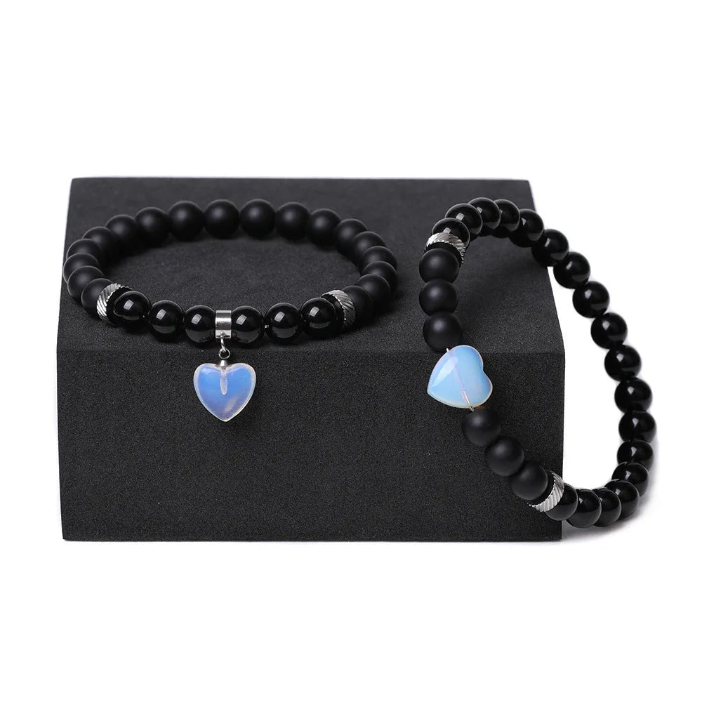 Natural stone couple love bracelet set with heart-shaped gemstone charms in various colours