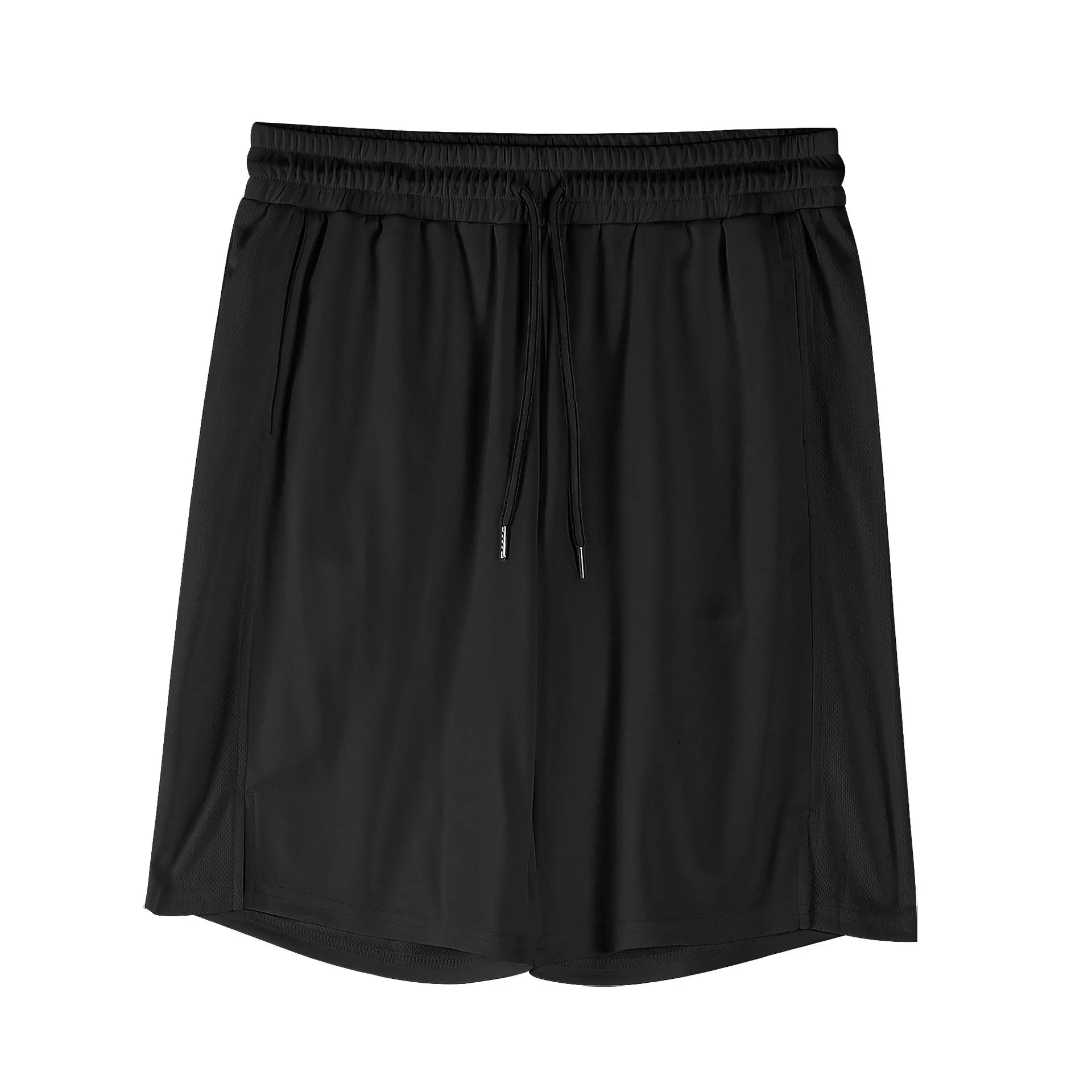 Men's black quick-dry mesh capri shorts with an elastic waistband, shown in a loose, casual fit.