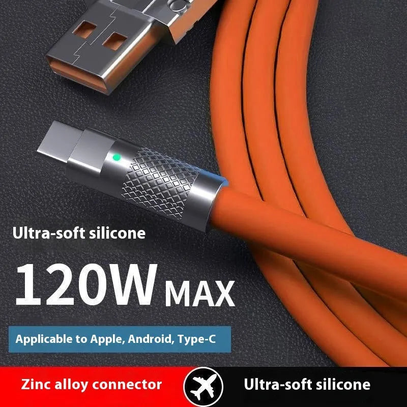 Orange zinc alloy fast charge data cable with Type-C, Micro USB and Lightning options, 0.3 m to 3 m lengths