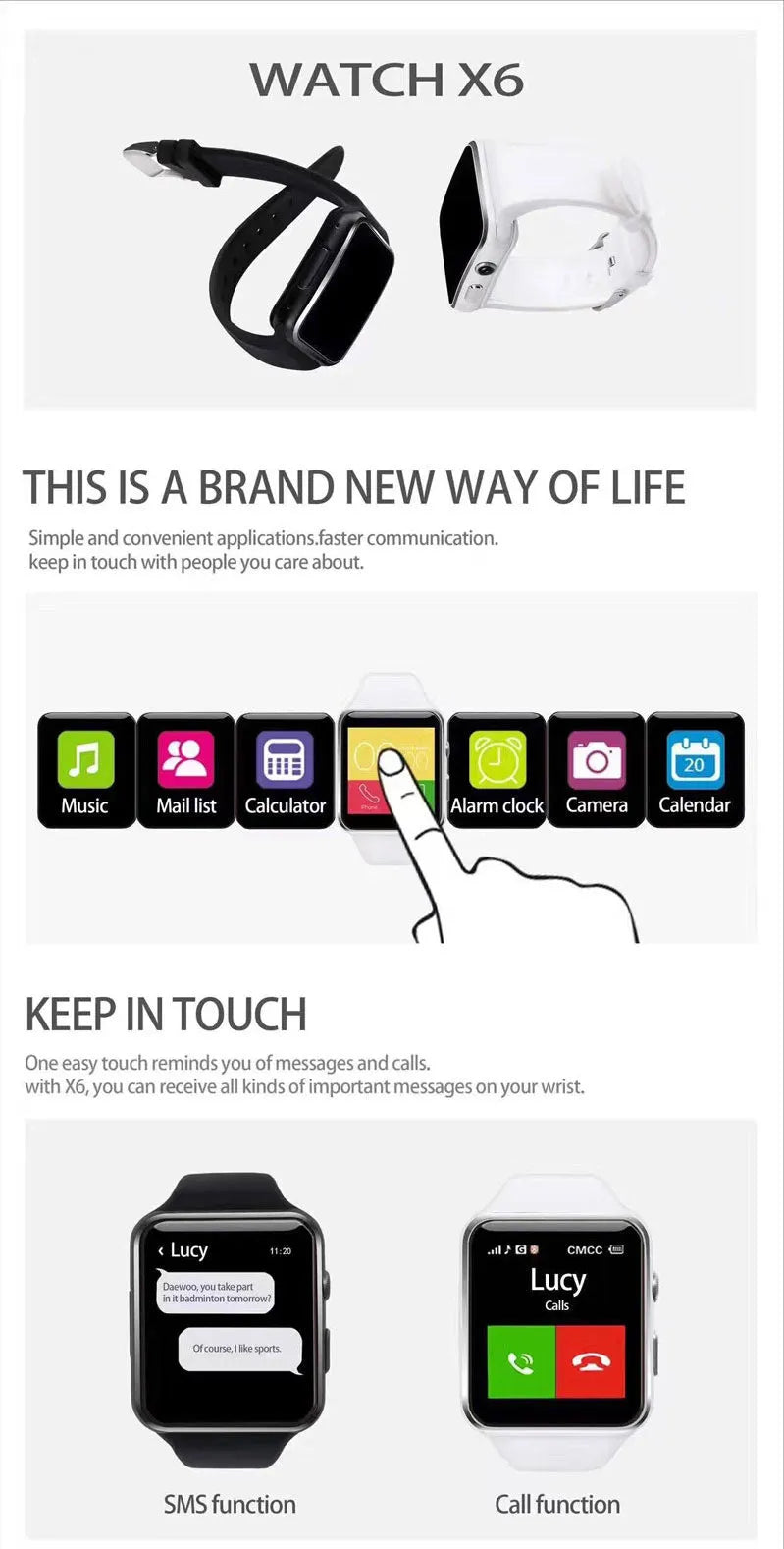 Smart watch with 1.54 inch IPS display and silicone strap in black, gold or white