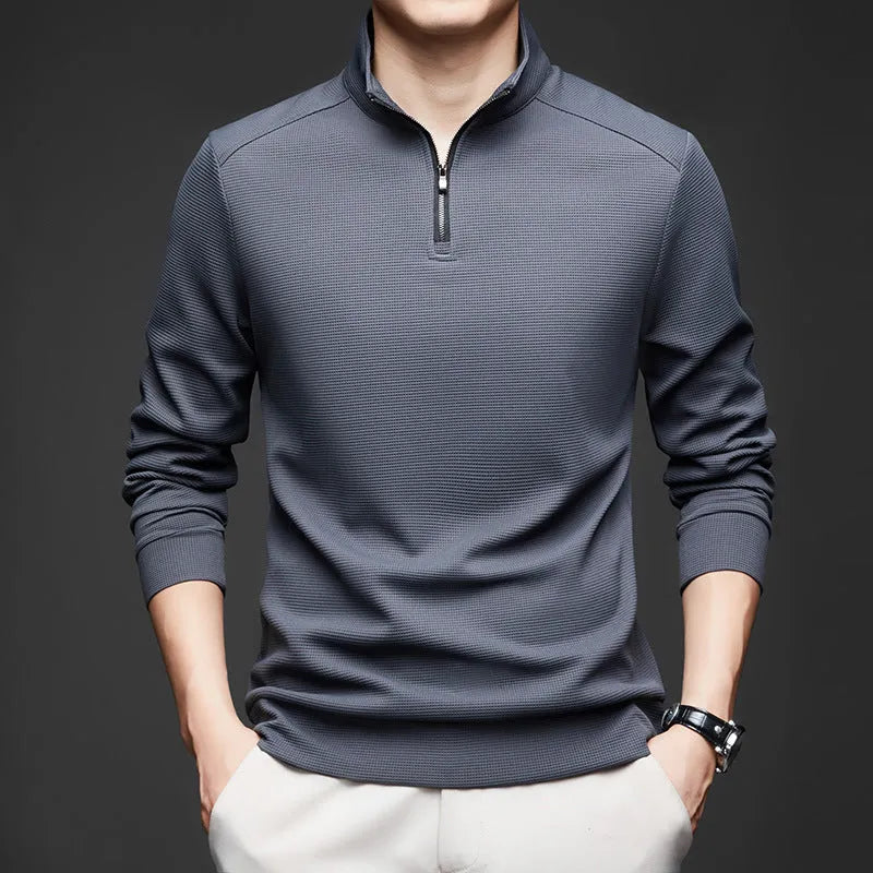Men's lapel long sleeve solid colour polyester cardigan in dark gray, front view