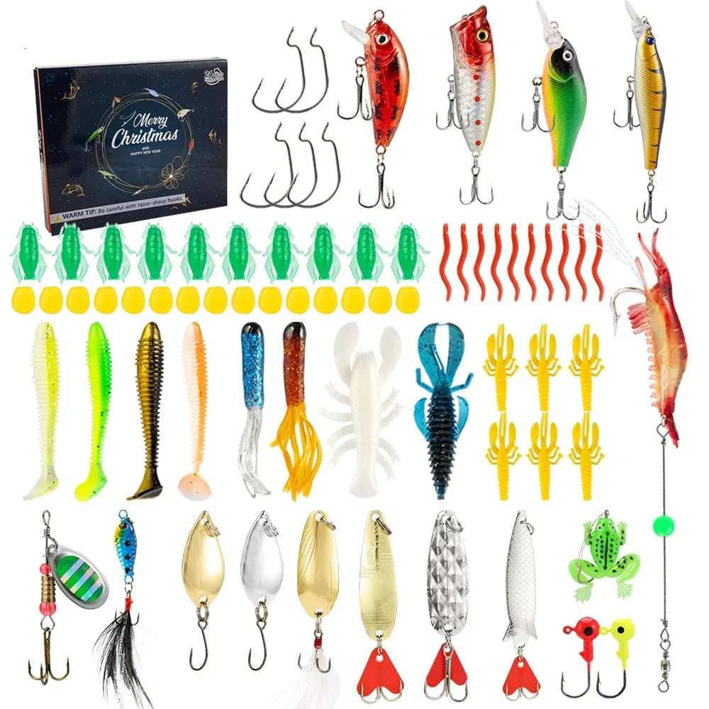 24 assorted metal Mino Bog fishing lures with hooks, arranged in rows, showing different colours and patterns.