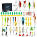 24 assorted metal Mino Bog fishing lures with hooks, arranged in rows, showing different colours and patterns.