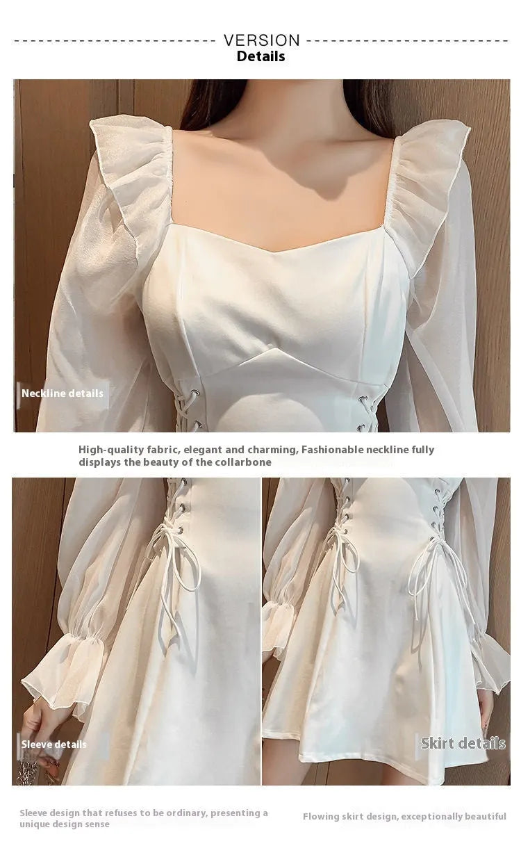 White chiffon patchwork dress with long sleeves and a waist-slimming fit on a mannequin.
