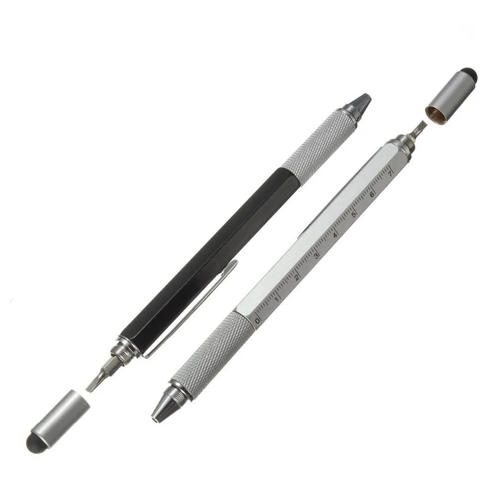 6 in 1 multi-function touch screen stylus ballpoint pen with screwdriver tips and spirit level in black