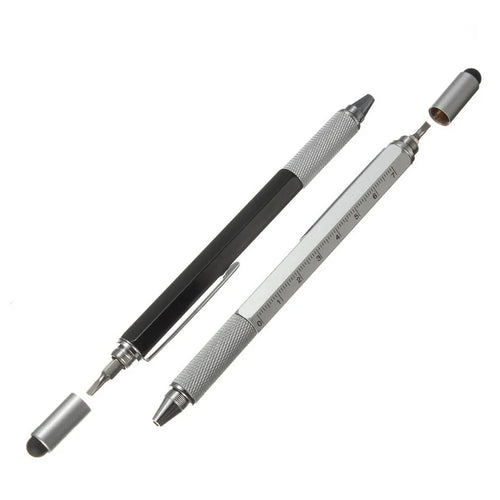 6 in 1 multi-function touch screen stylus ballpoint pen with screwdriver tips and spirit level in black