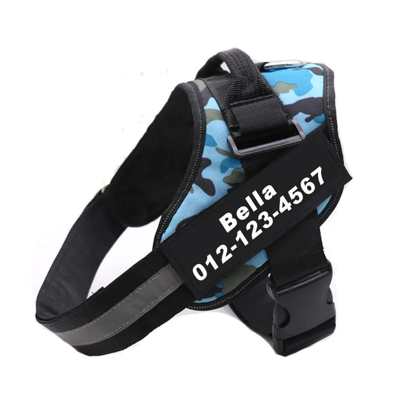 Adjustable nylon dog chest harness with reflective neck strip and stainless steel ring, sizes XS to XXL