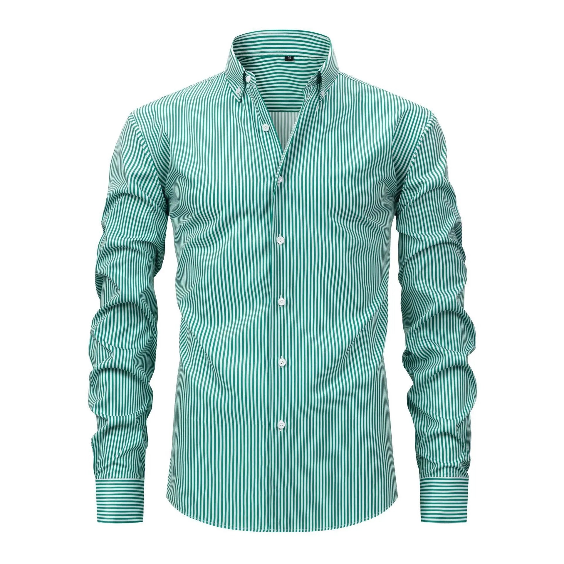 A striped non-ironing men's long-sleeved business shirt with a lapel collar.