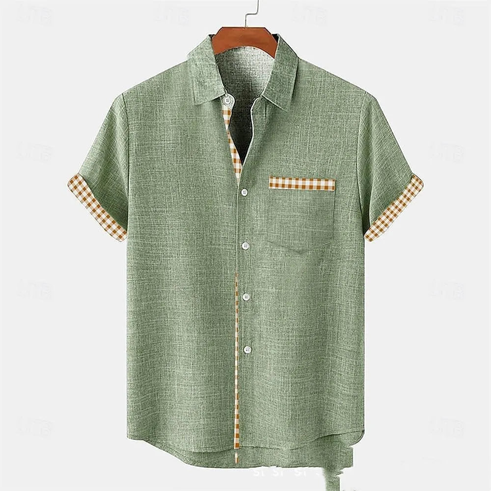 Linen short-sleeve top for teenagers with a loose fit and an ocean fish pattern on the lapel.