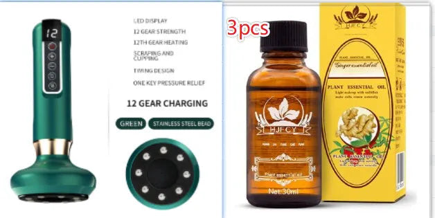 Green electric vacuum cupping massager with suction cup and charging cable