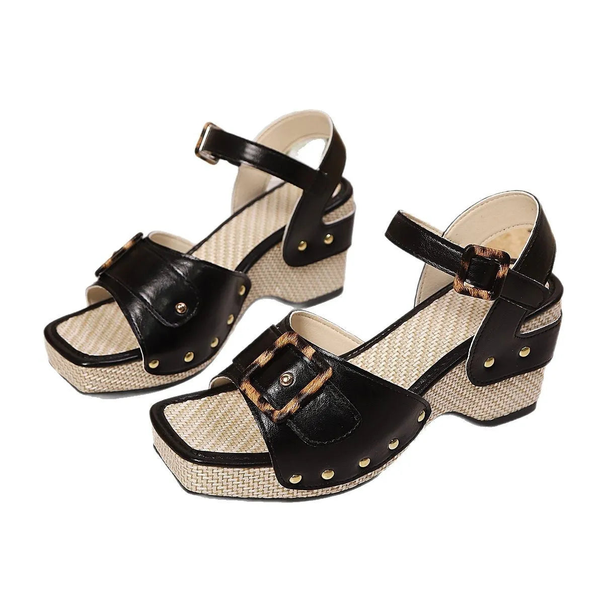 Chunky heel sandals with metal buckle closure and square toe design