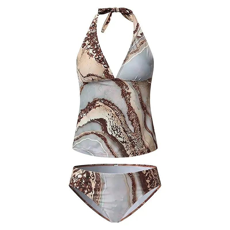 Brown women's bikini swimsuit set showing front and back views