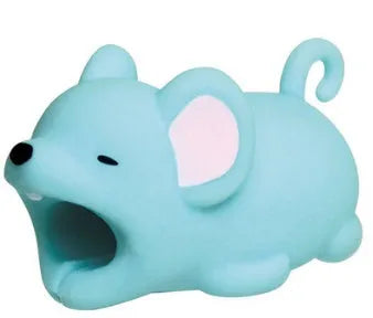 iPhone cable protector in an animal design, showing sleeve placed on charging cable near connector.