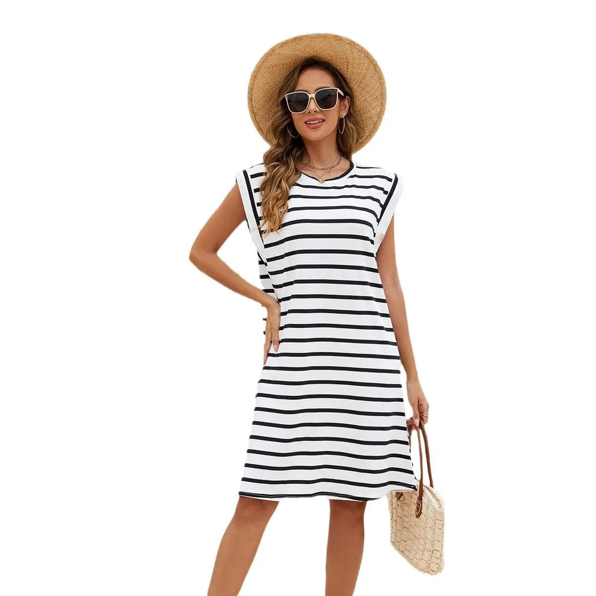 Black and white striped polyester beach cover-up blouse for women free size beachwear
