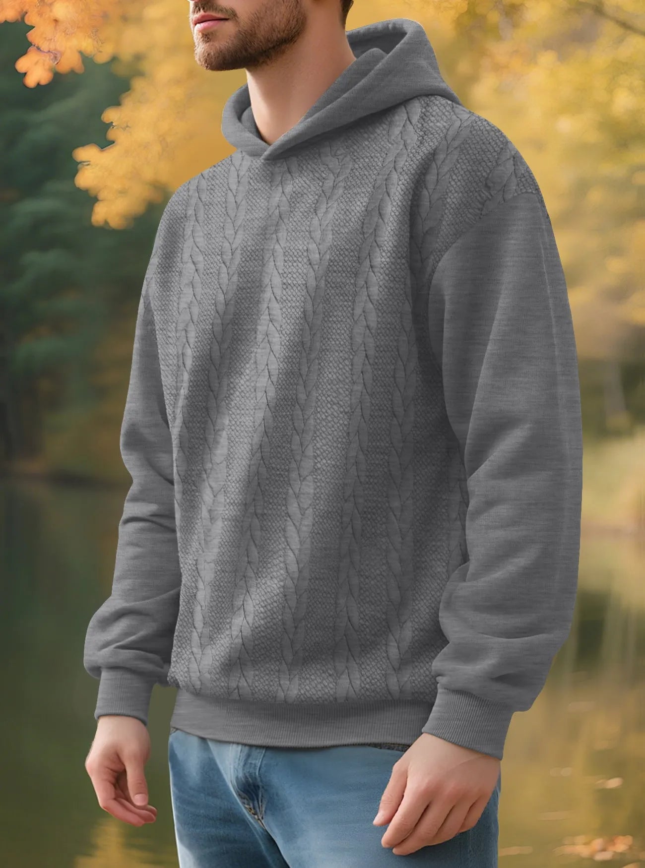 Men's casual thick jacquard hooded sweatshirt wool lined winter loose fit polyester