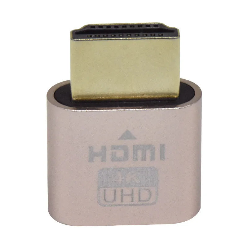 Graphics card virtual display dongle with HDMI or DP connector in black, gold, or silver finish.