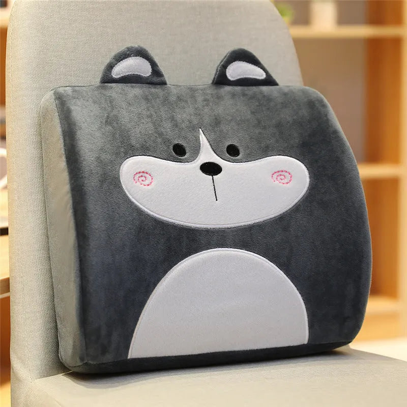 Cartoon memory foam seat cushion with removable cover, shown in Pink Unicorn design on an office chair.