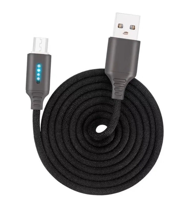 Fabric braided USB charging cable in black, 1 metre long with USB and device connectors