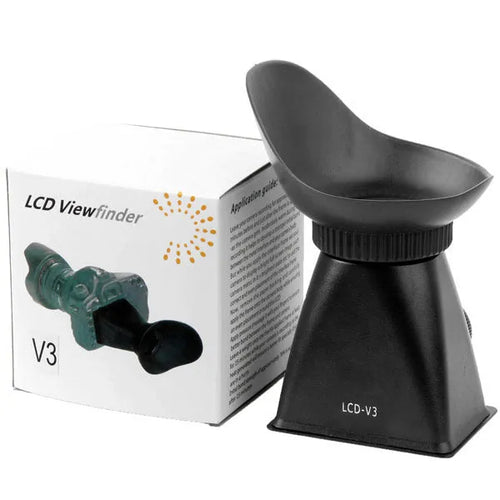 Black camera LCD viewfinder magnifier with magnetic attachment shown on a DSLR camera.