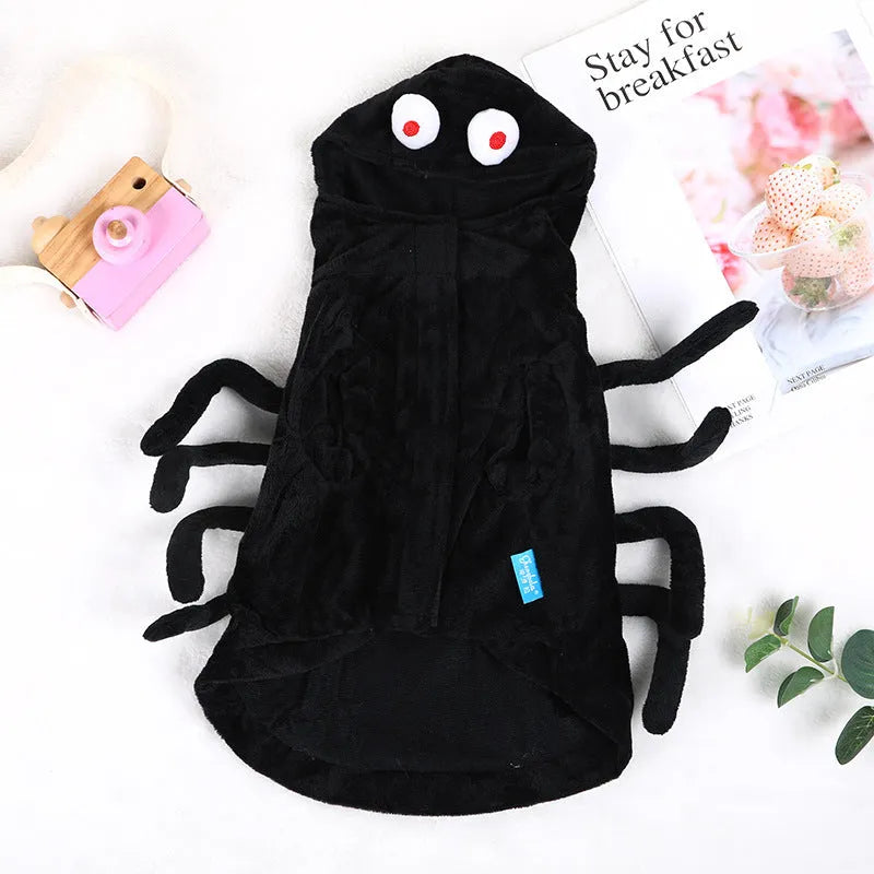 Halloween dog costume with black spider pattern on polyester fabric in sizes S, M, L.