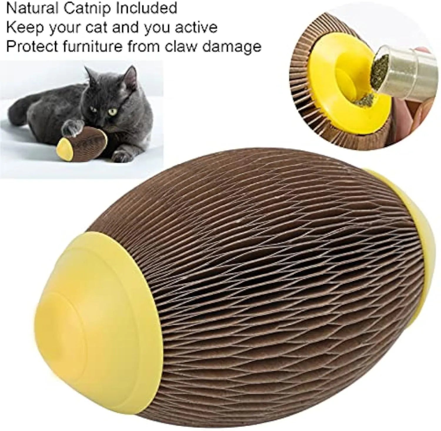 Elliptical corrugated paper catnip ball toy for scratching and play