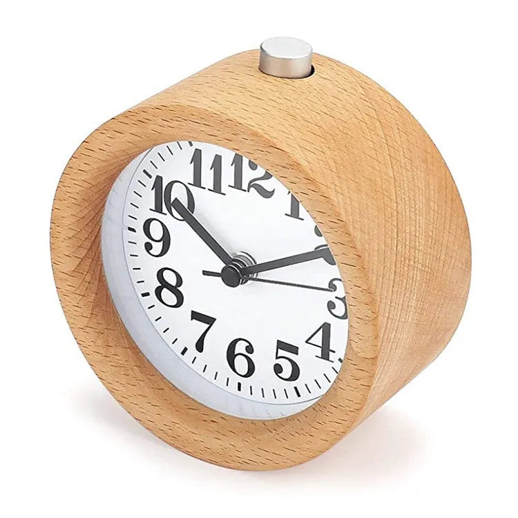 Solid beech wood alarm clock with white dial showing 4-inch diameter and wooden case