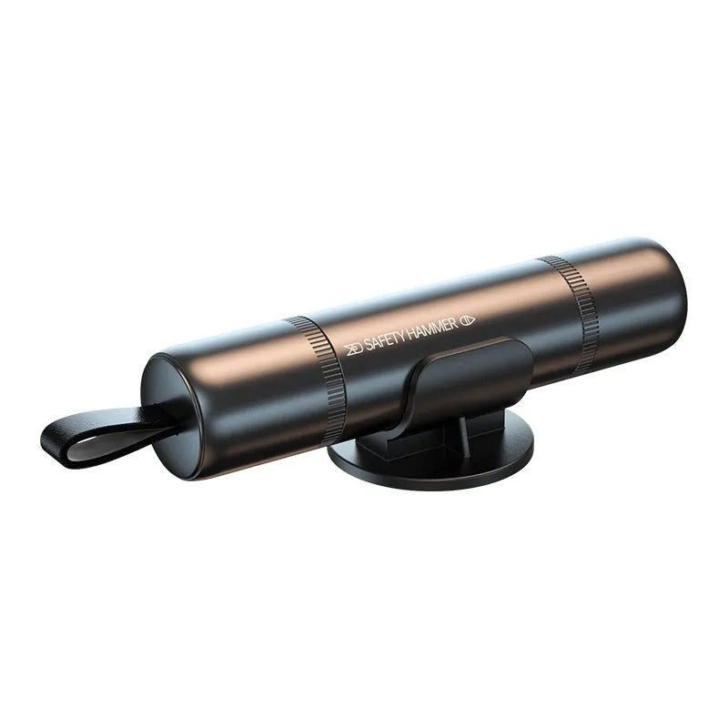 Four-in-one car safety hammer with window breaker, seatbelt cutter, LED torch, and magnetic aluminium alloy base