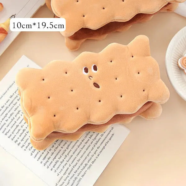 Plush sandwich biscuit pencil case in soft cartoon design for school stationery storage