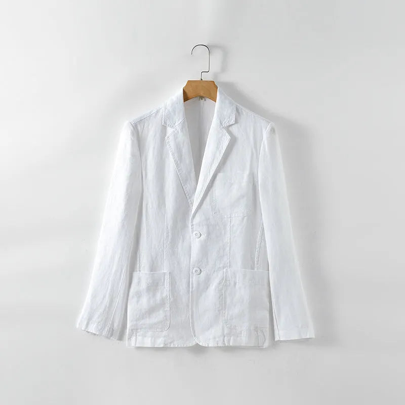 Men's thin solid colour linen coat with stick pockets on a hanger.