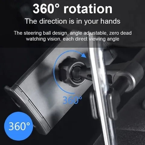Black universal car phone holder mounted on vehicle rear seat base holding tablet