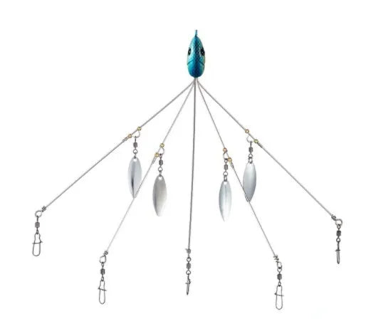 Bassdash umbrella fishing lure rig with 5 swivels and rotating metal sequins in green colour
