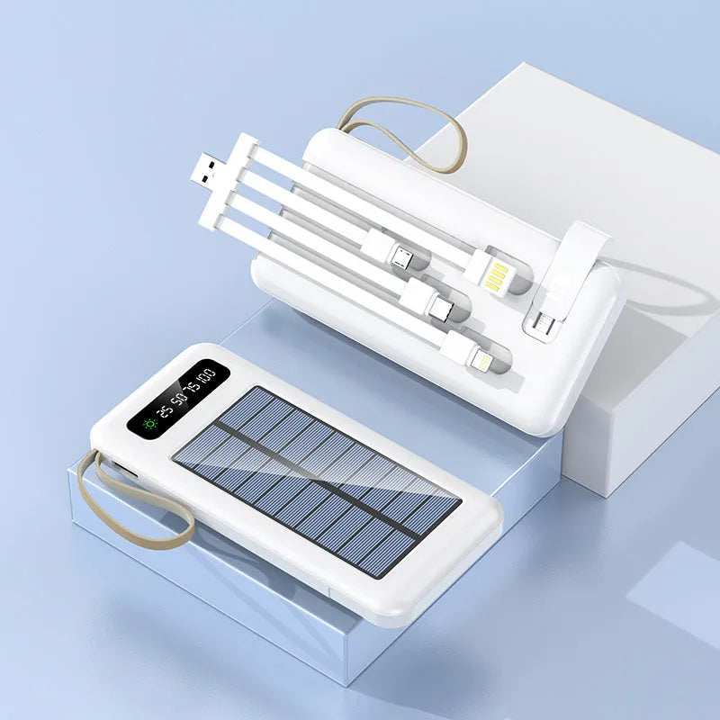 Cool black and ivory white solar power bank with capacity display and charging cable.