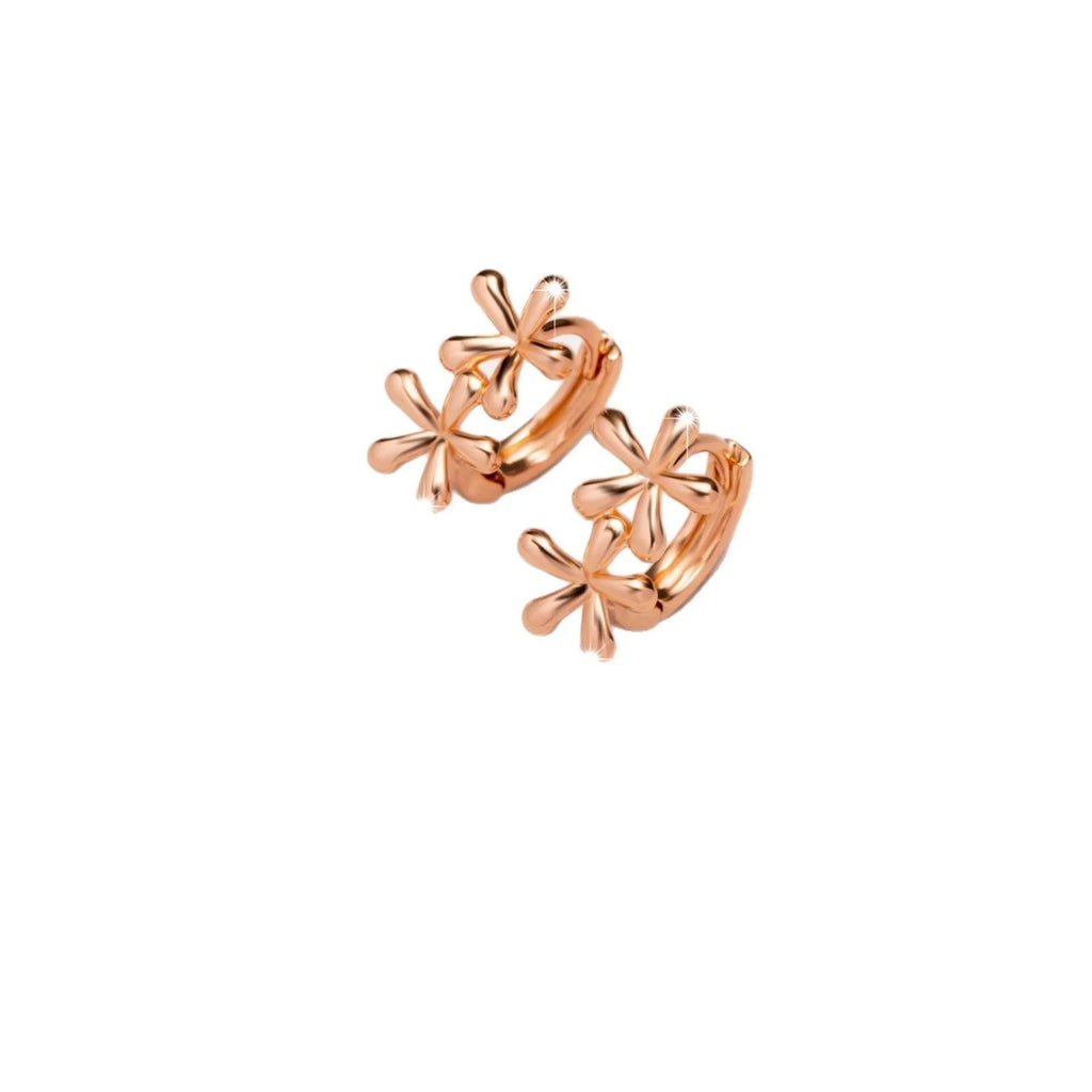 Circular rose gold earrings with a waterdrop flower pattern, shown front-on.