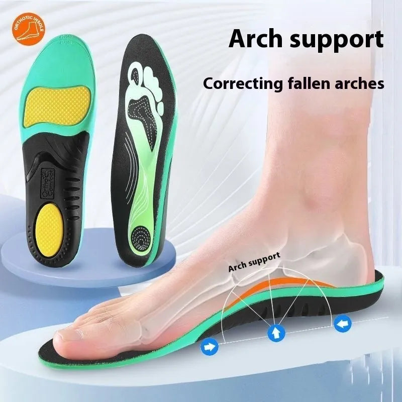 Blue and green PU flat foot correction insoles showing arch support design with yard sizing indicators