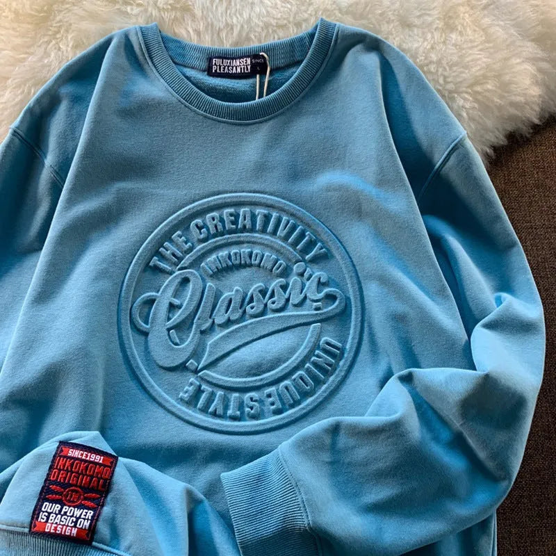 Cotton pullover sweater with scale concave-convex print in loose fit