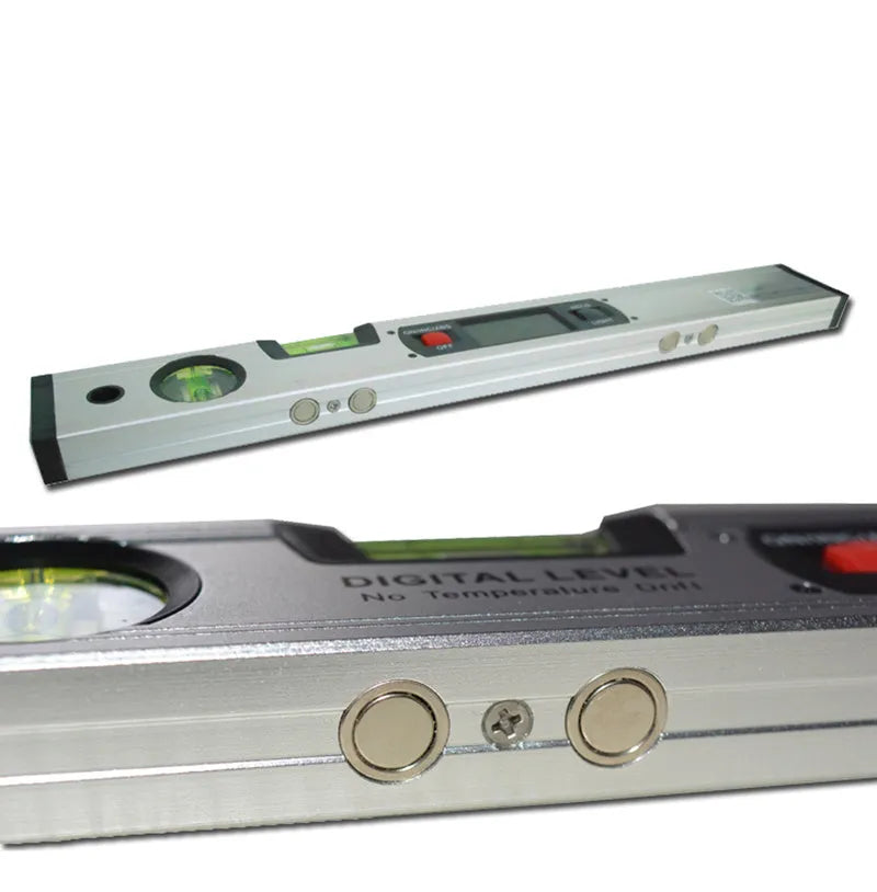 Digital magnetic angle meter with 400mm ruler, flip-up LCD screen, and 4 built-in magnets on black base