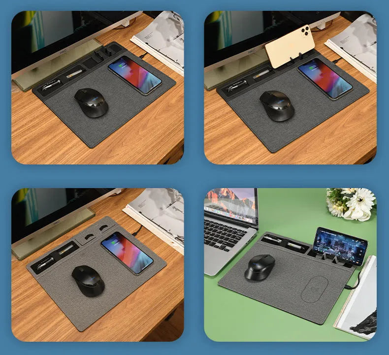 Wireless charging gaming mouse pad with integrated phone holder showing black colour option