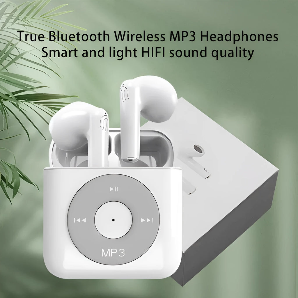 White semi in-ear wireless Bluetooth earphones and charging case on a table.